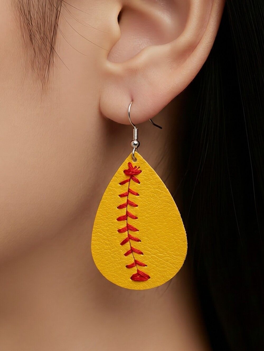 Softball Teardrop Earrings 🥎 Yellow Faux Leather Game Day Dangles Red Threading